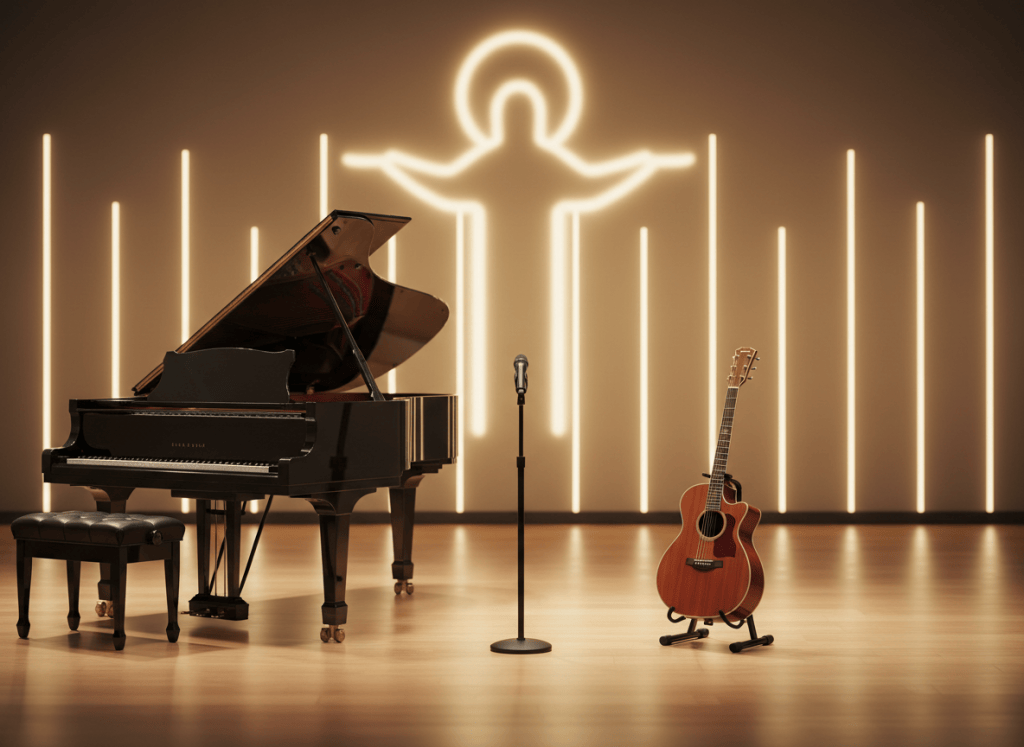 Scène de louange en bois avec piano à queue, guitare acoustique et micro sous une lumière dorée