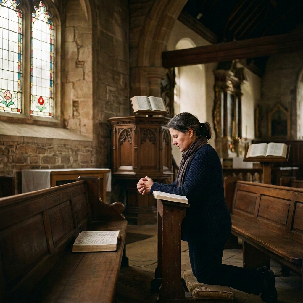 Woman kneeling at a pew holding a rosary in prayer inside a stone church