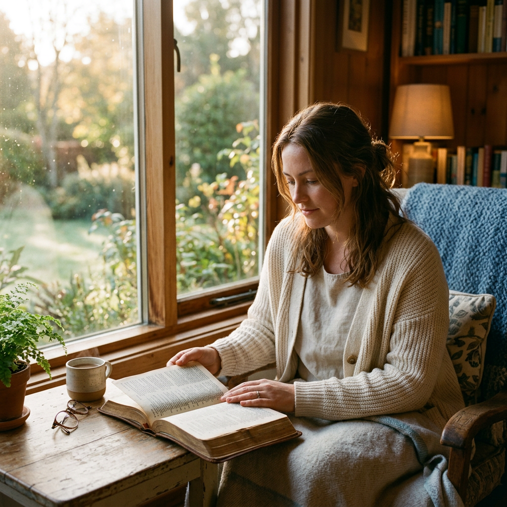 Person reading Bible in quiet morning light