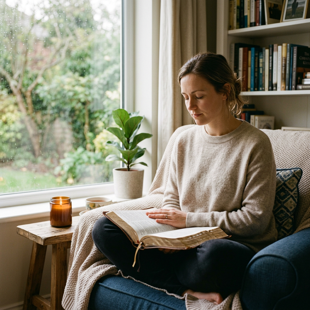 Christian Bible meditation peaceful indoor scene